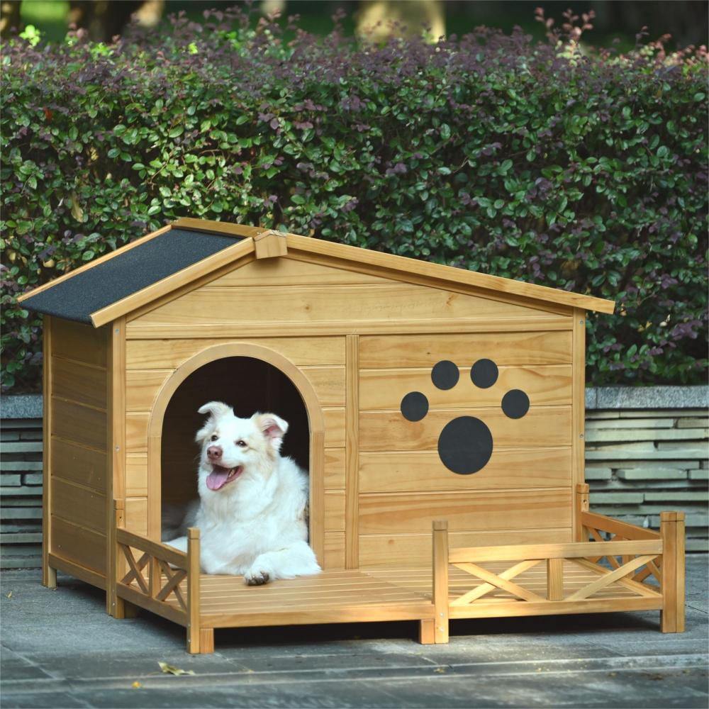Bellura Pet 48" Wooden Dog House Outdoor with Porch, Dog Kennel with Water-Resistant Asphalt Roof and Fencing,Indoor & Outdoor Dog Crate with Paw Print, Medium, Nature