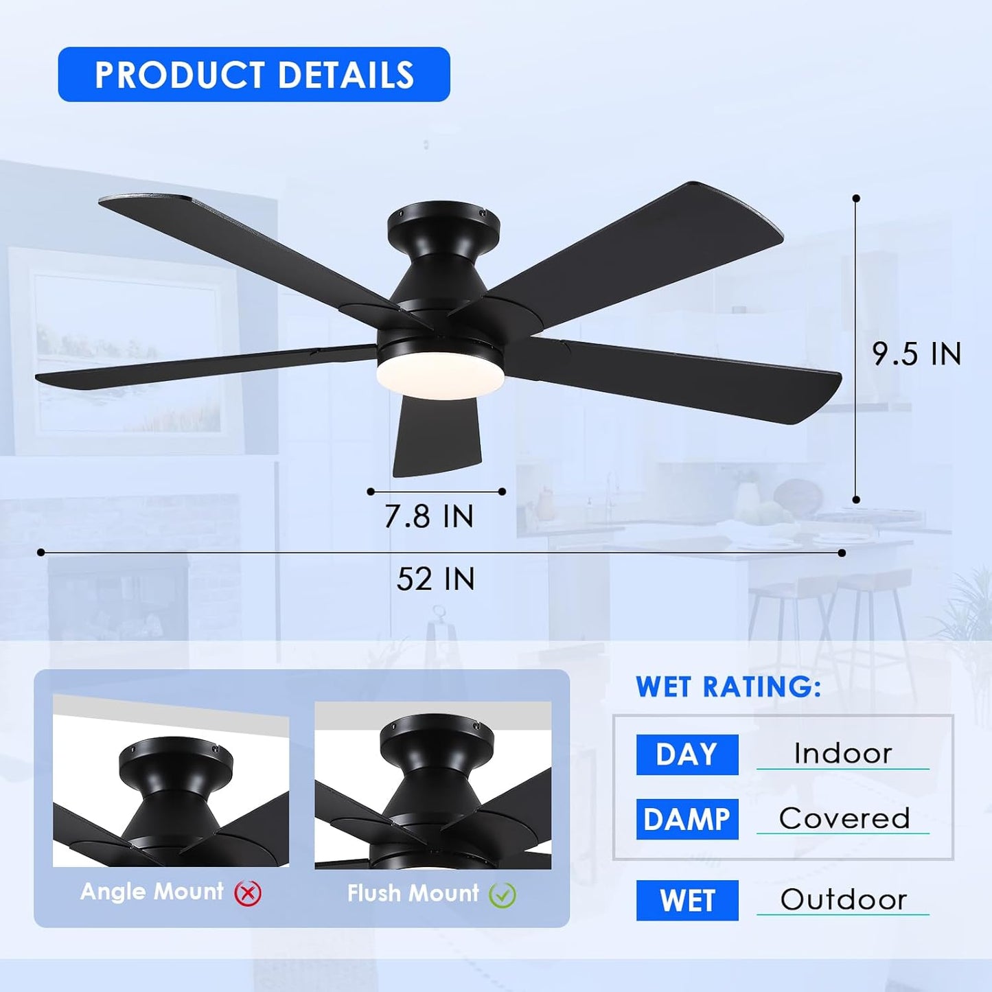 52 Inch Flush Mount Ceiling Fan with 8 Blades