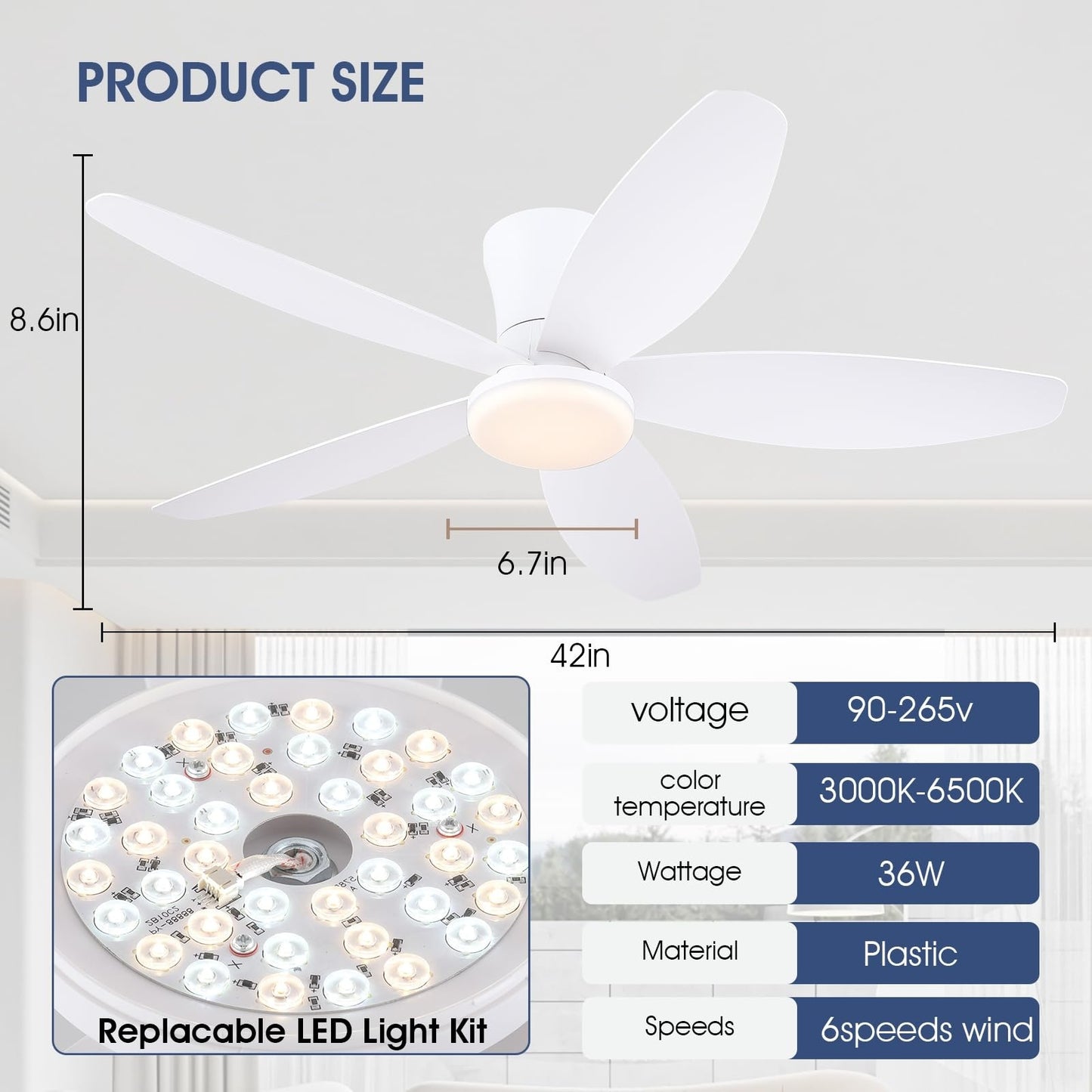 42 Inch Low Profile Ceiling Fan , Flush Mount Ceiling Fan