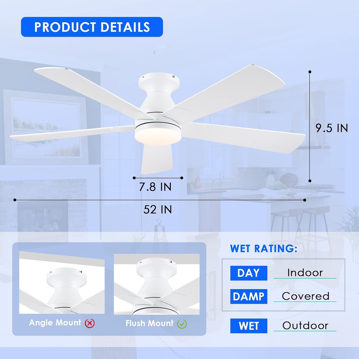 52 Inch Flush Mount Ceiling Fan with 8 Blades