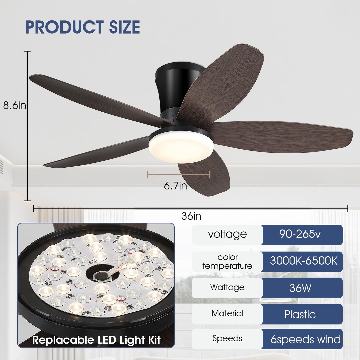 36” Low Profile Ceiling Fan ,5 ABS Blades Ceiling Fan Light