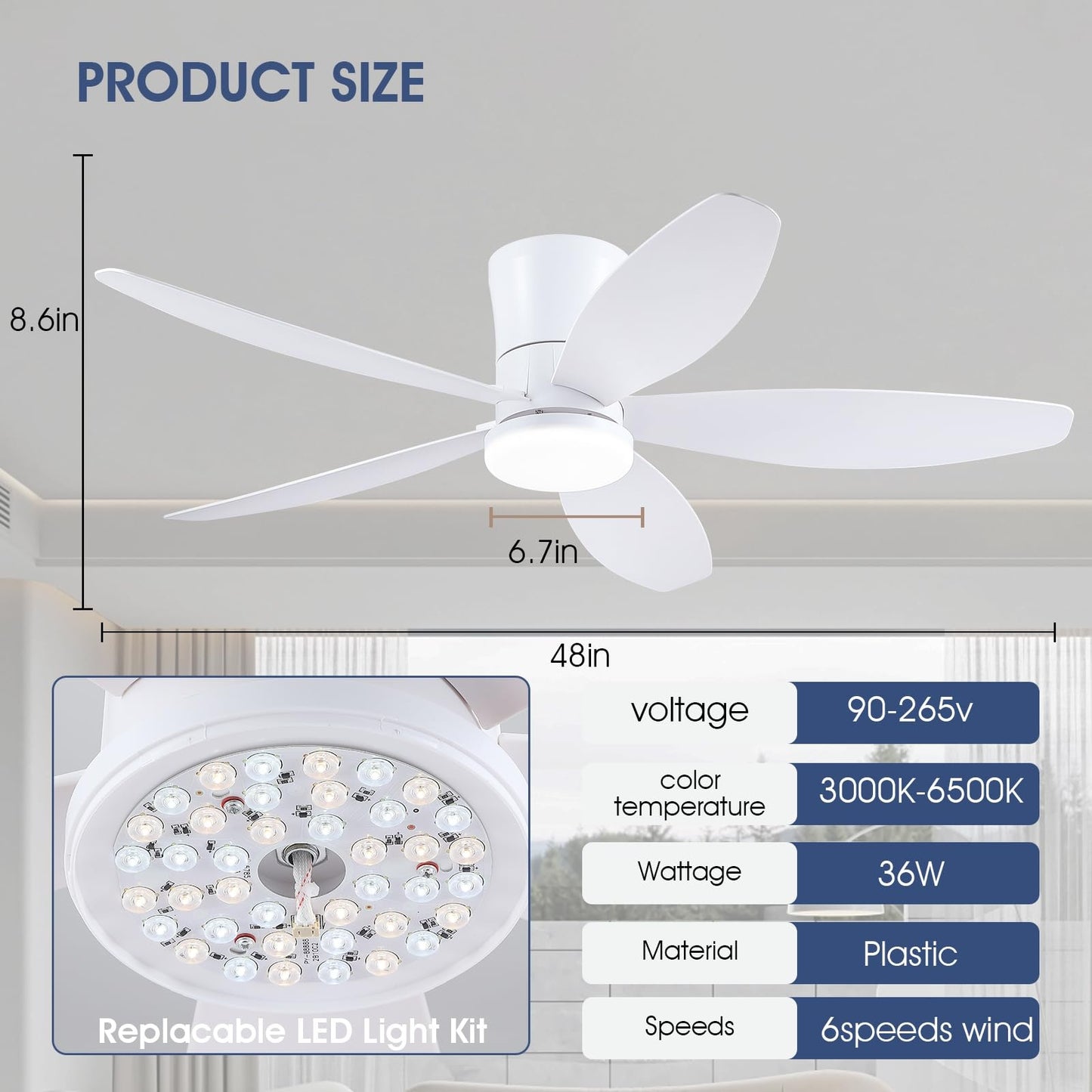 36 or 42 or 48 inch ceiling fan