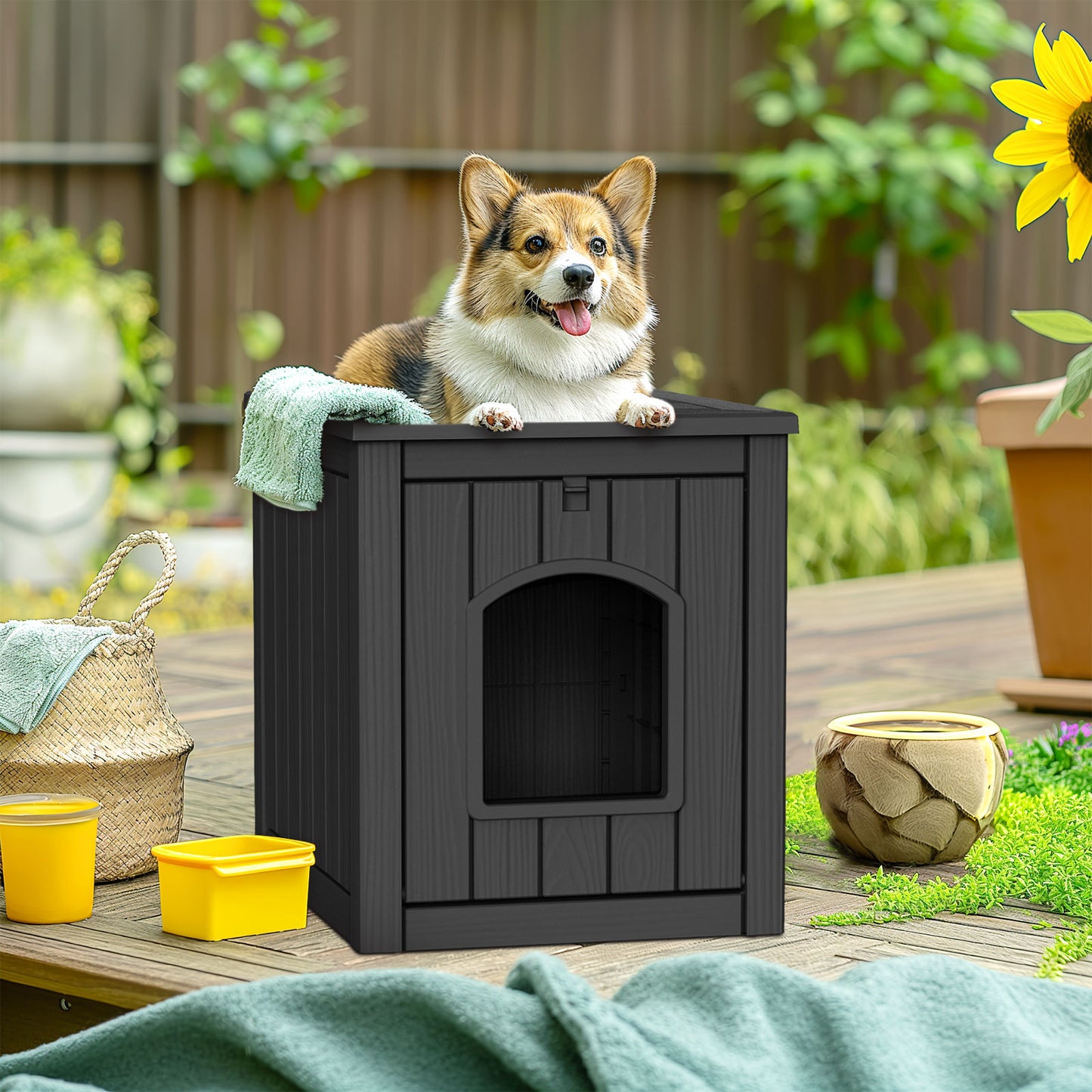 Indoor Dog House Weatherproof Outdoor Dog Houser for Small Medium Dogs, Resin Plastic Igloo Dog House with Flip Lid and Elevated Floor, Easy Assembly for Cat Puppy Shelter (Black)