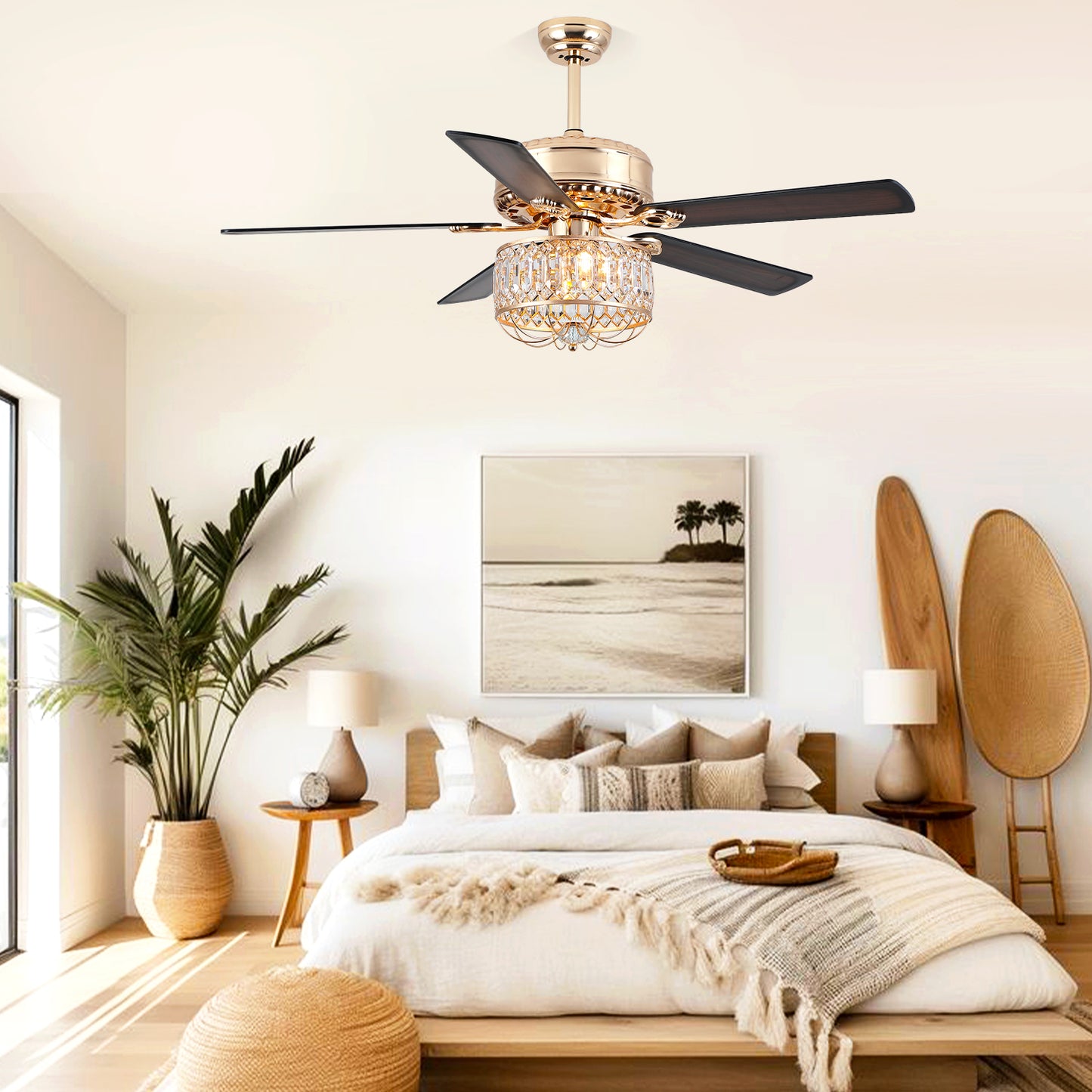 52" Crystal Ceiling Fan Fandelier with Lights,Modern Outdoor Fans with Remote Control