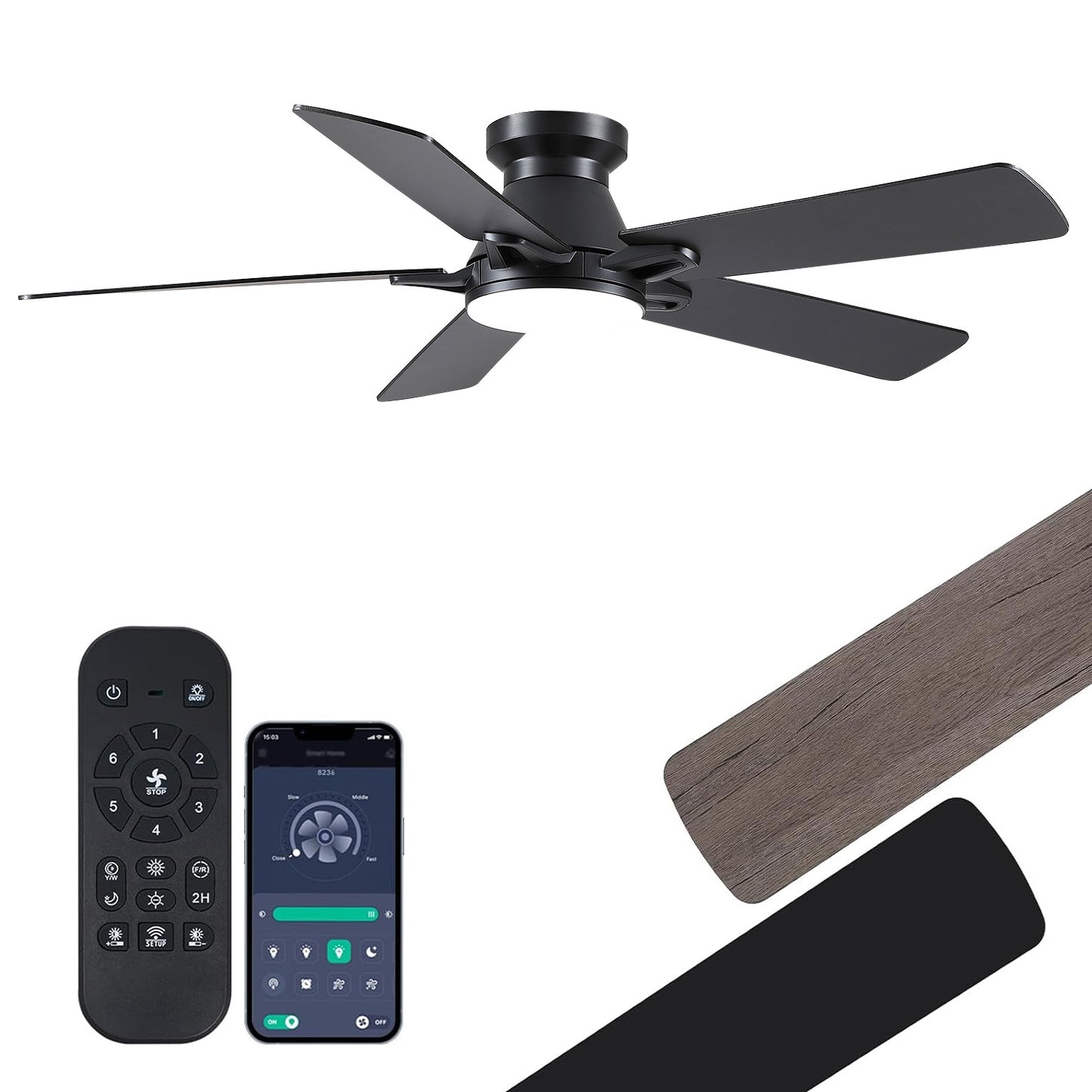 52 Inch Flush Mount 5 Blades Ceiling Fan,Low Profile Ceiling Fan Light for Indoor or Outdoor