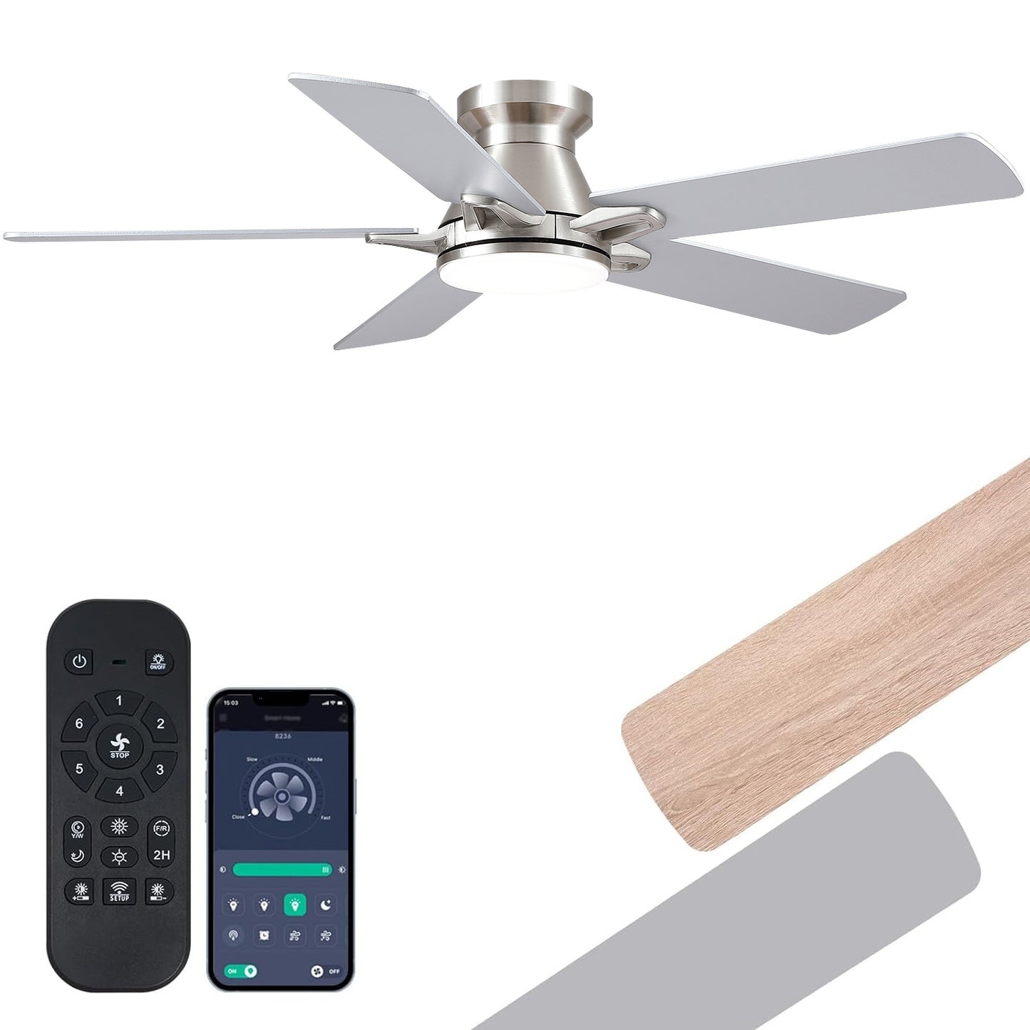 52 Inch Flush Mount 5 Blades Ceiling Fan,Low Profile Ceiling Fan Light for Indoor or Outdoor
