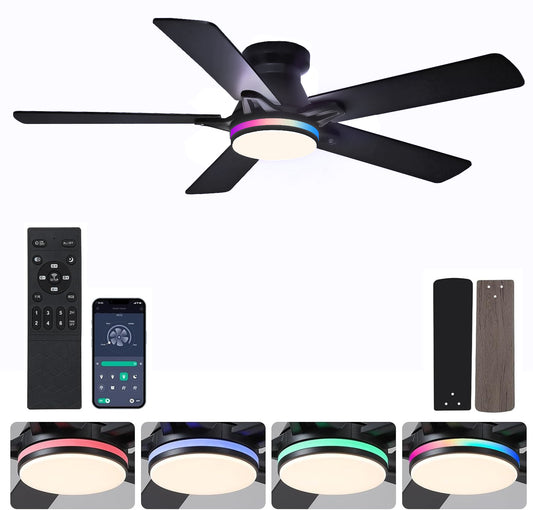 52 Inch Flush Mount 5 Blades Ceiling Fan,Low Profile Ceiling Fan Light for Indoor or Outdoor