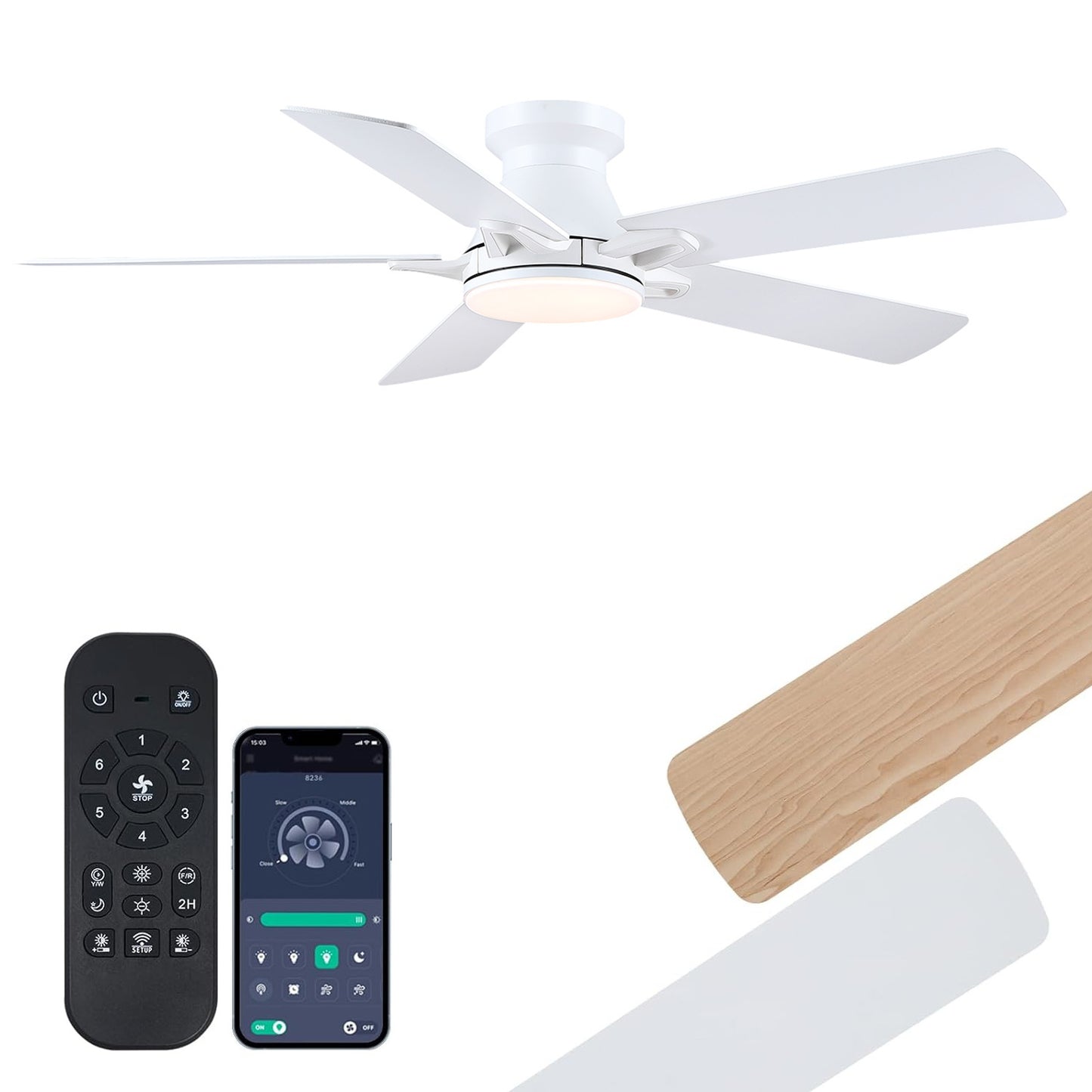 52 Inch Flush Mount 5 Blades Ceiling Fan,Low Profile Ceiling Fan Light for Indoor or Outdoor