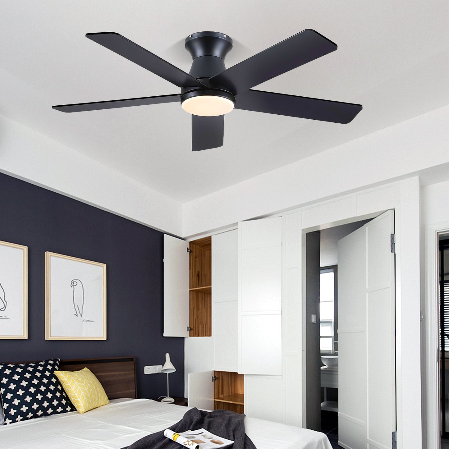 46 Inches Flush Mount Ceiling Fan Light,5 Blades,Reversible Airflow