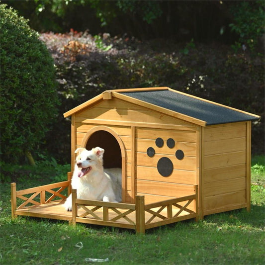 Bellura Pet 48" Wooden Dog House Outdoor with Porch, Dog Kennel with Water-Resistant Asphalt Roof and Fencing,Indoor & Outdoor Dog Crate with Paw Print, Medium, Nature