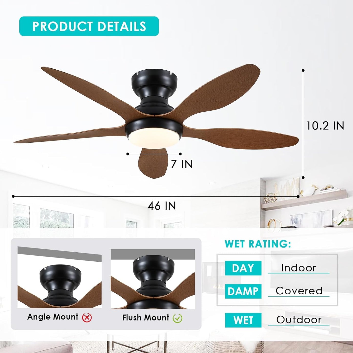 46" Flush Mount Ceiling Fan,Low Profile Ceiling Fan