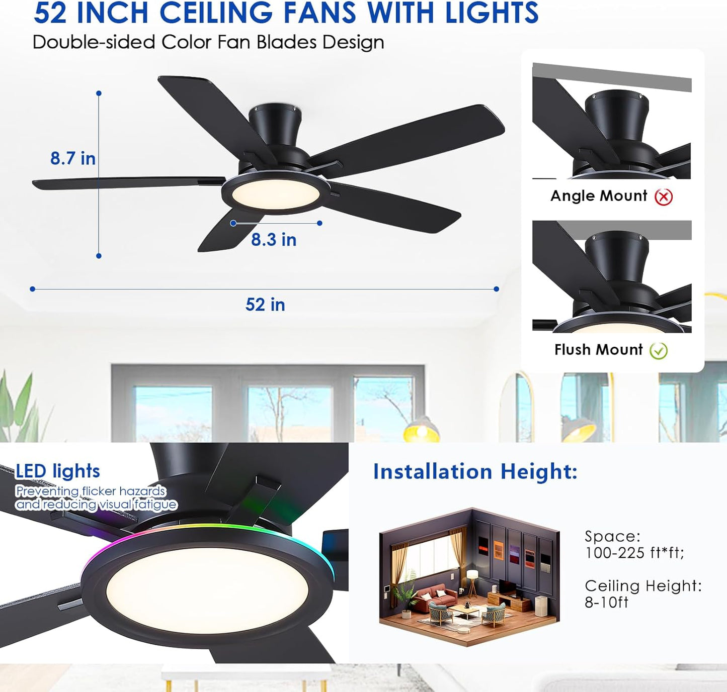 52 Inch Black Ceiling Fan