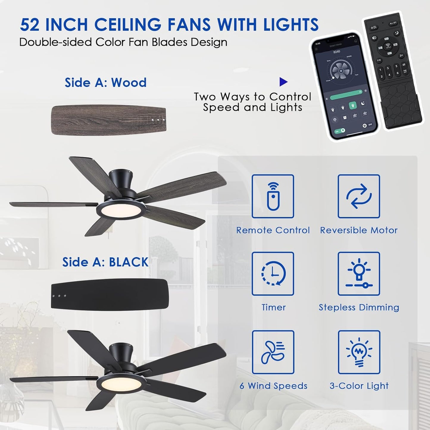 52 Inch Black Ceiling Fan