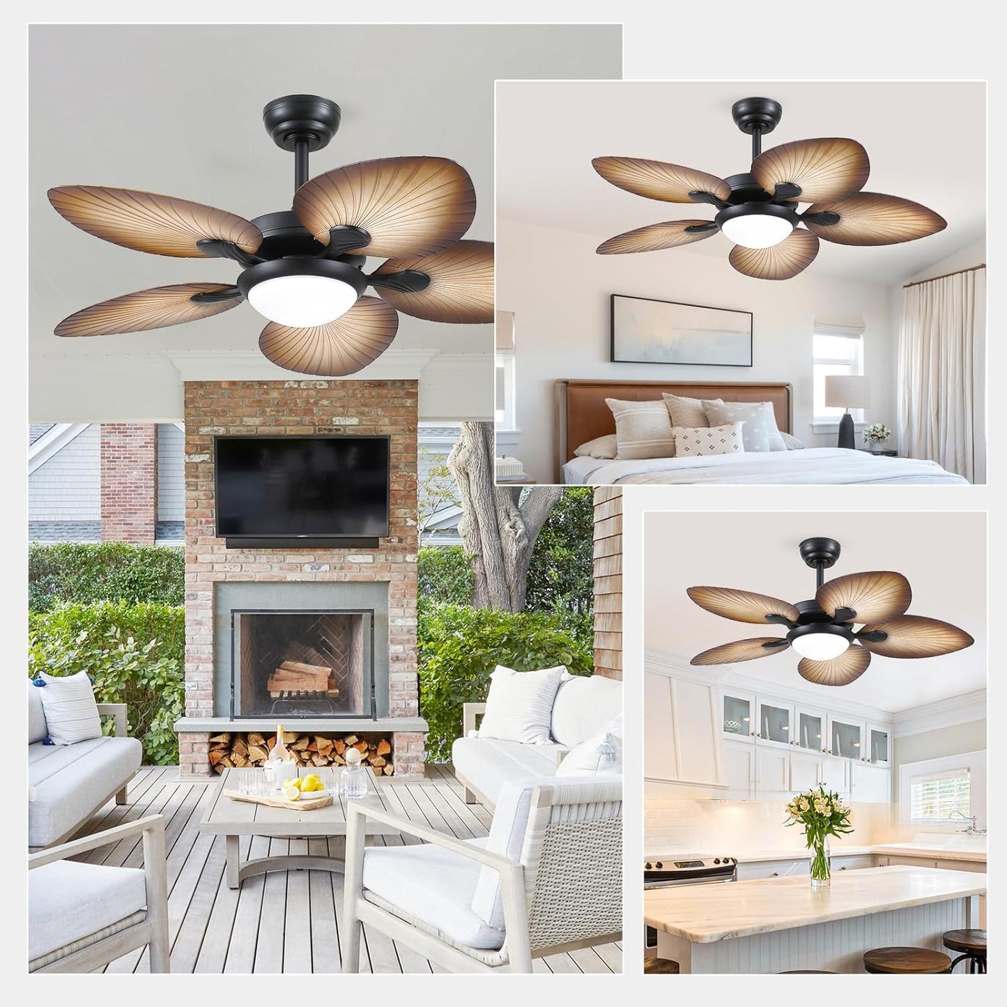 44 Inch Tropical Ceiling Fan with LED Lights, Palm Leaf Blades,6 Speed,Dimmable LED,Wood Grain Design,for Kitchen,Dining Room,Patio