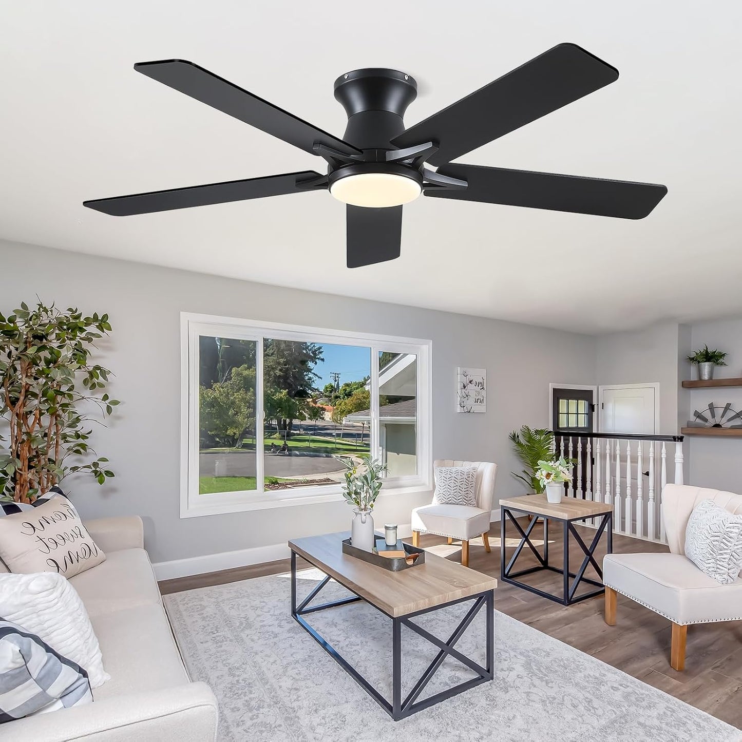 46 Inches Flush Mount Ceiling Fan Light,5 Blades,Reversible Airflow