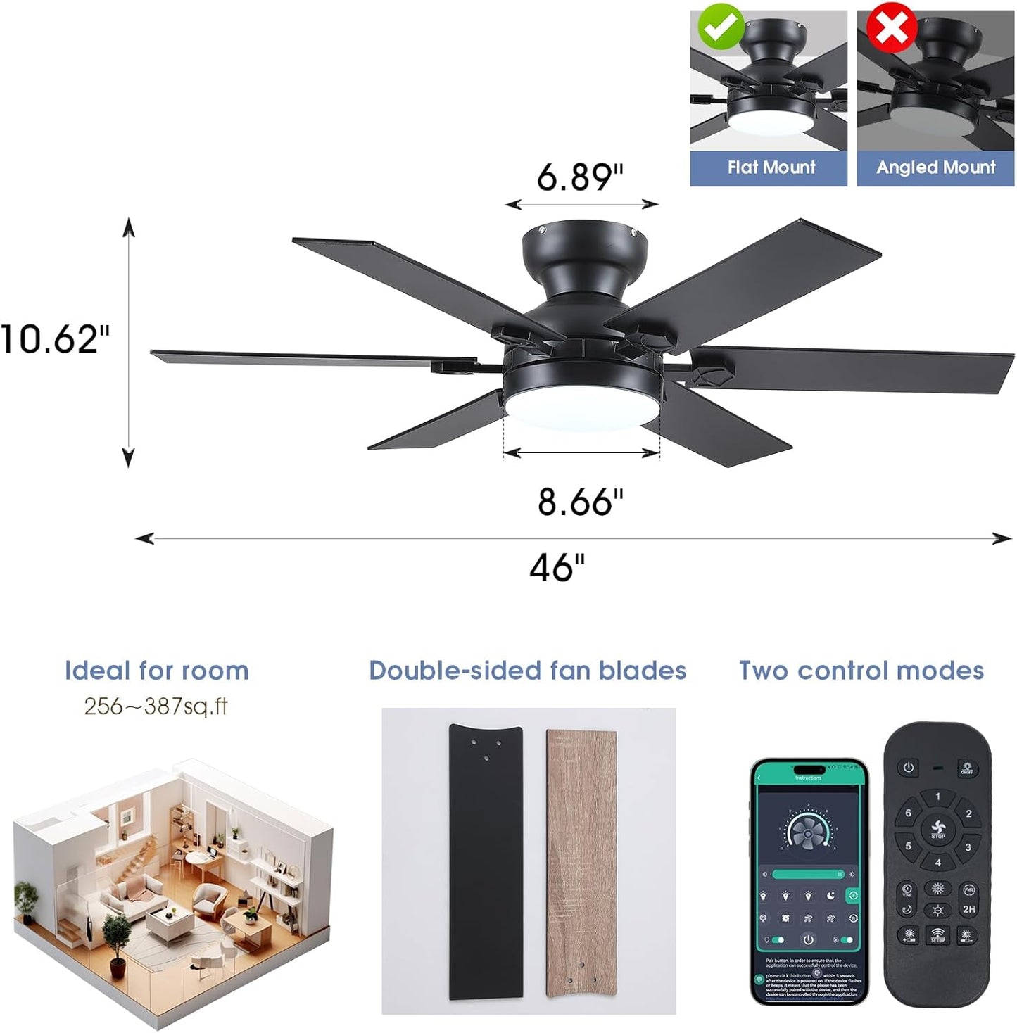 46 Inch Flush Mount Ceiling Fan with Light,3 CCT LED,Reversible DC Motor,5 Plywood Blades