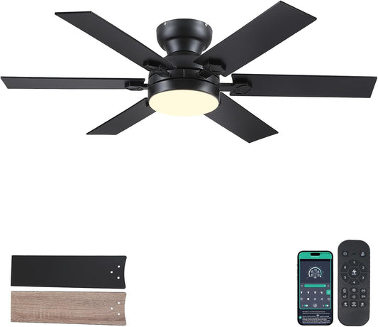 46 Inch Flush Mount Ceiling Fan with Light,3 CCT LED,Reversible DC Motor,5 Plywood Blades