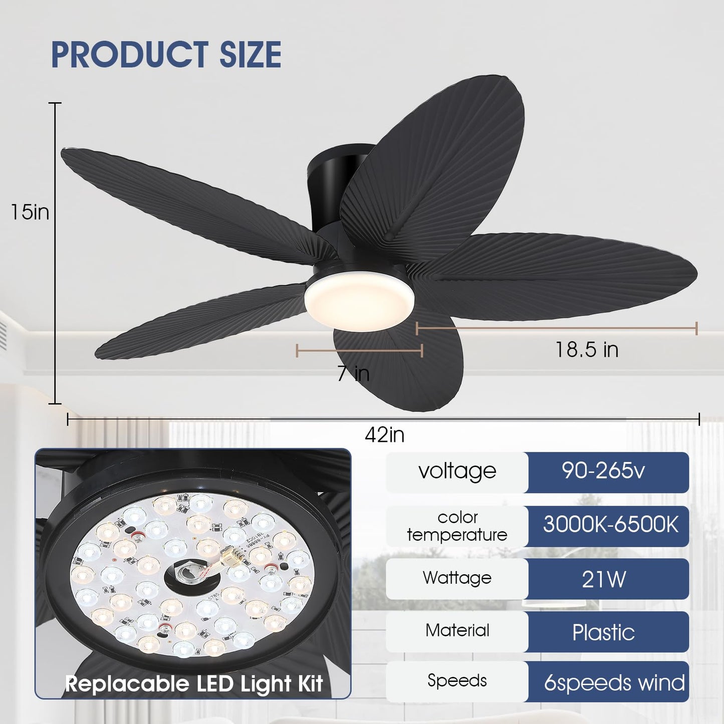 42 Inch Palm Leaf Flush Mount Ceiling Fan