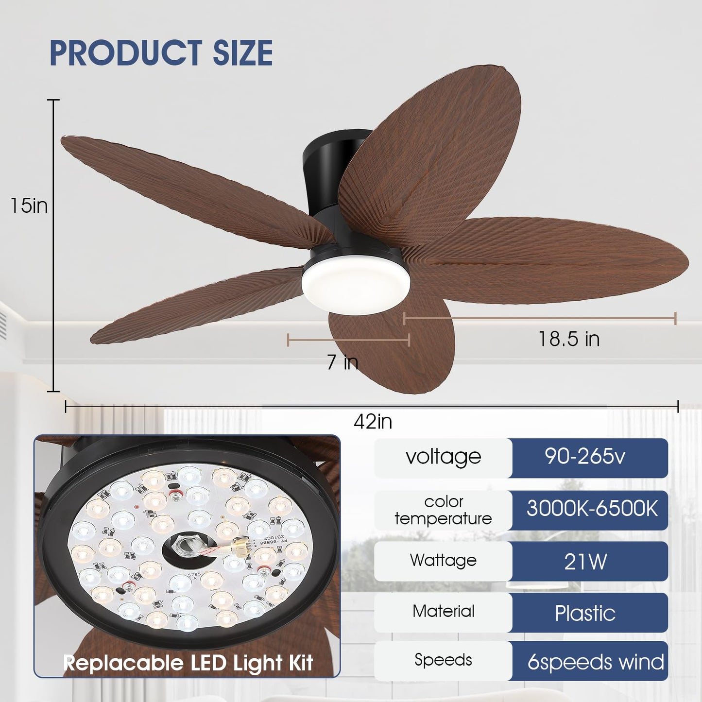 42 Inches Palm Leaf Low Profile Ceiling Fan
