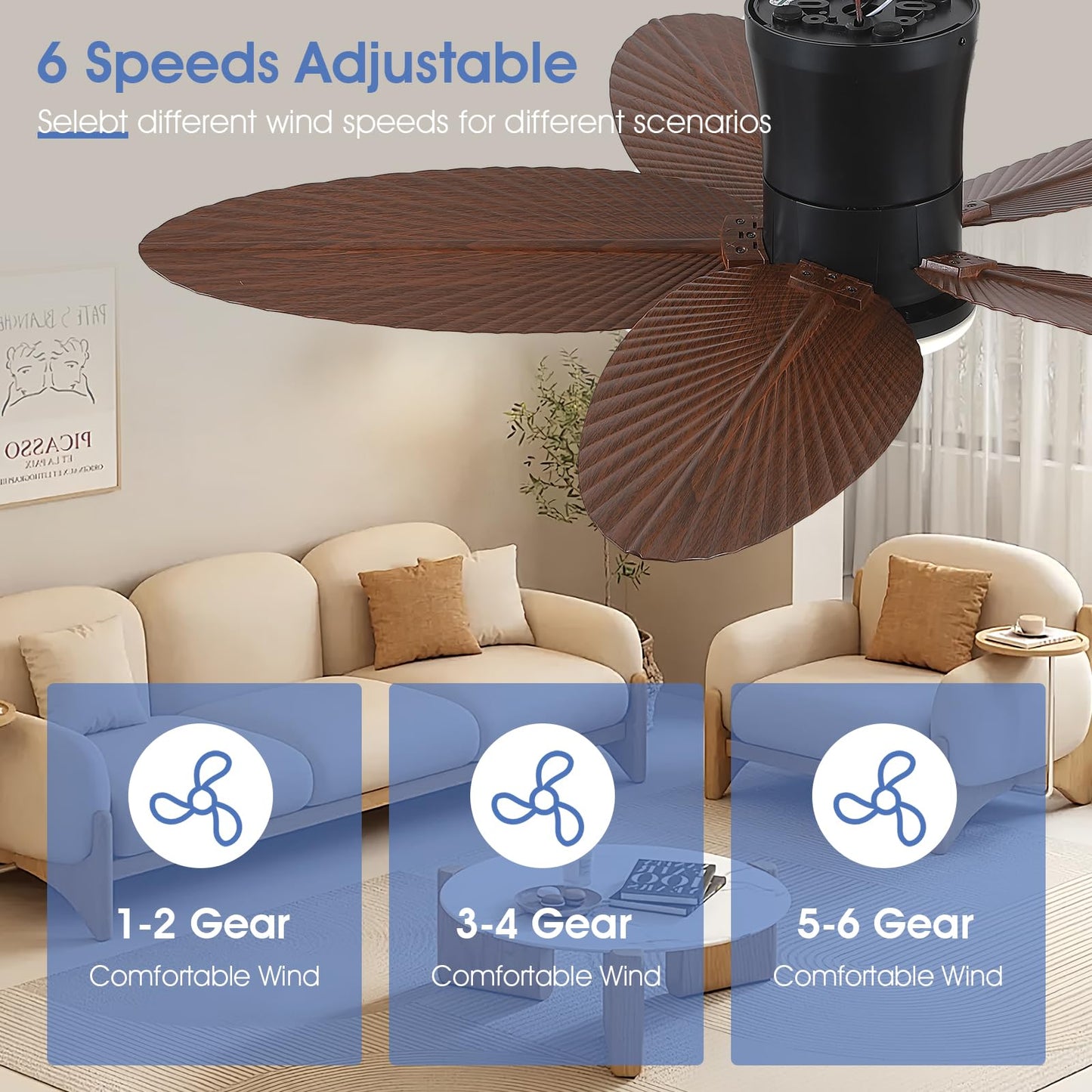 42 Inch Palm Leaf Flush Mount Ceiling Fan