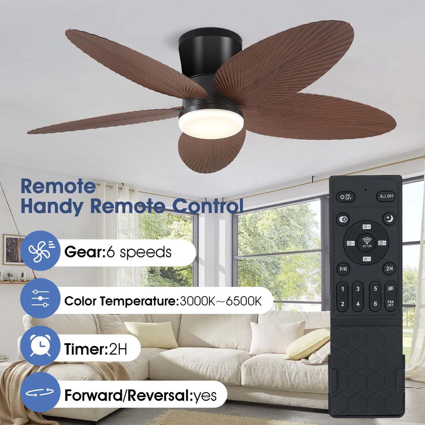 42 Inch Palm Leaf Flush Mount Ceiling Fan
