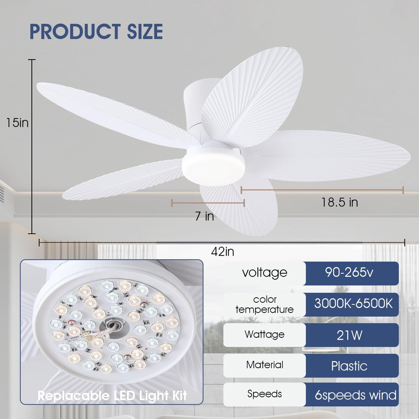 42 Inch Palm Leaf Flush Mount Ceiling Fan