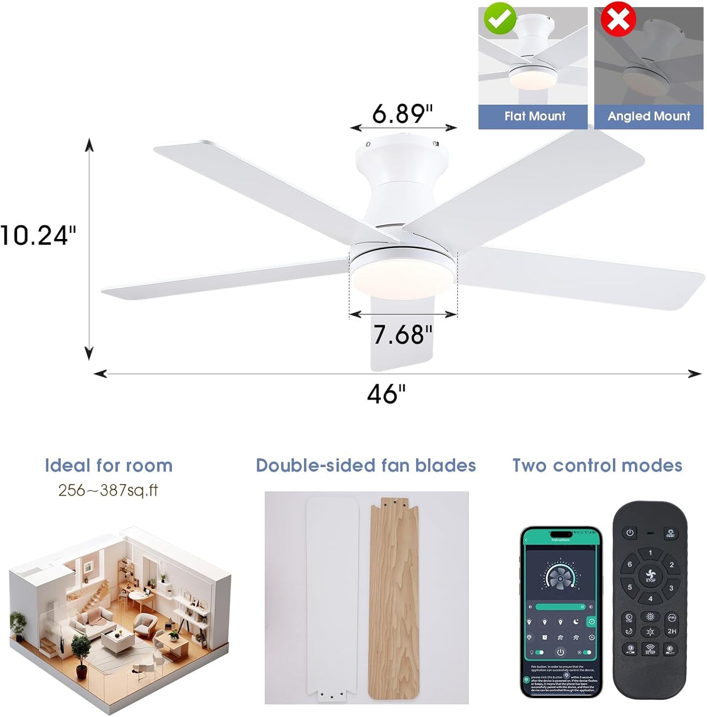46 Inches Flush Mount Ceiling Fan with Light