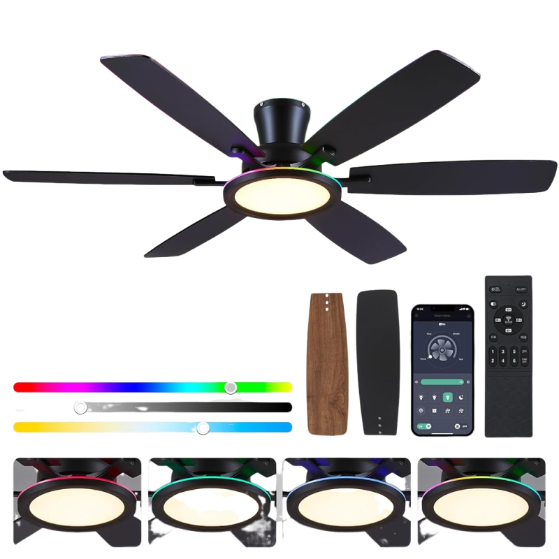 52" RGB Ceiling Fan Light,Flush Mount Low Profile Ceiling Fan,3 CCT and Dimmable LED,Black