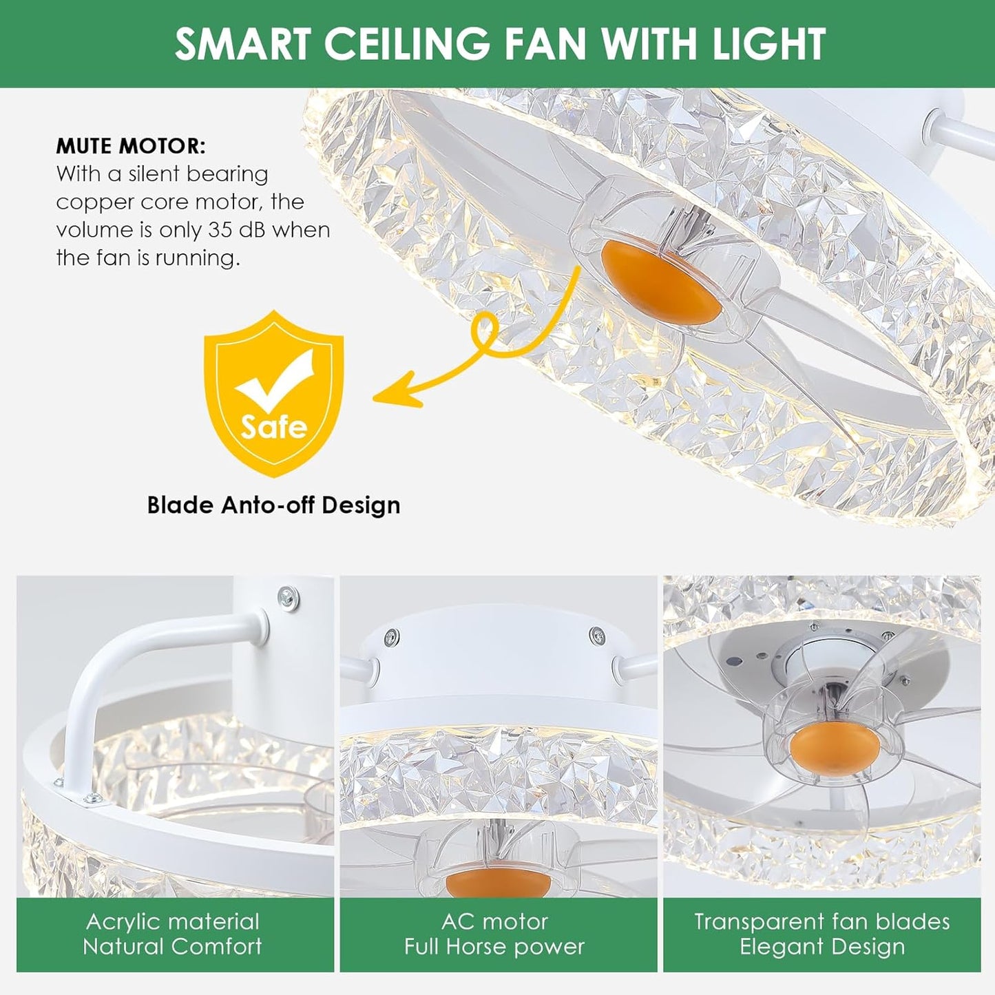 13 Inch Modern Ceilng Fan with Light for Small Room
