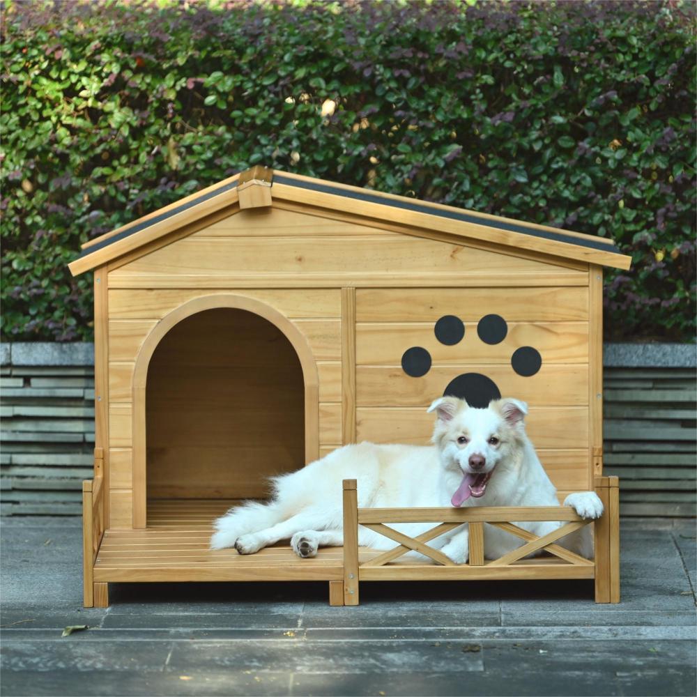 Bellura Pet 48" Wooden Dog House Outdoor with Porch, Dog Kennel with Water-Resistant Asphalt Roof and Fencing,Indoor & Outdoor Dog Crate with Paw Print, Medium, Nature