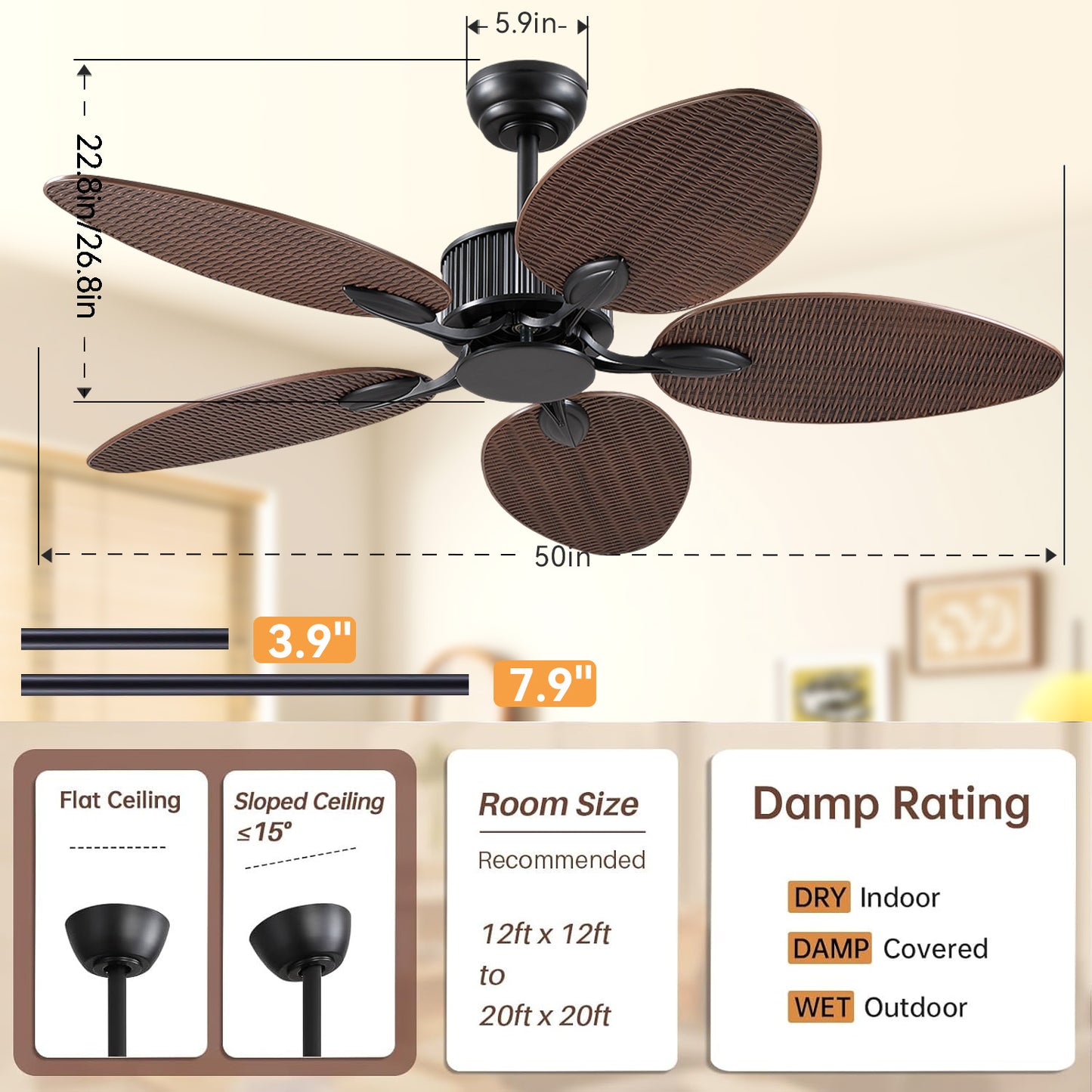 50 Inches Brown Ceiling Fan without Light