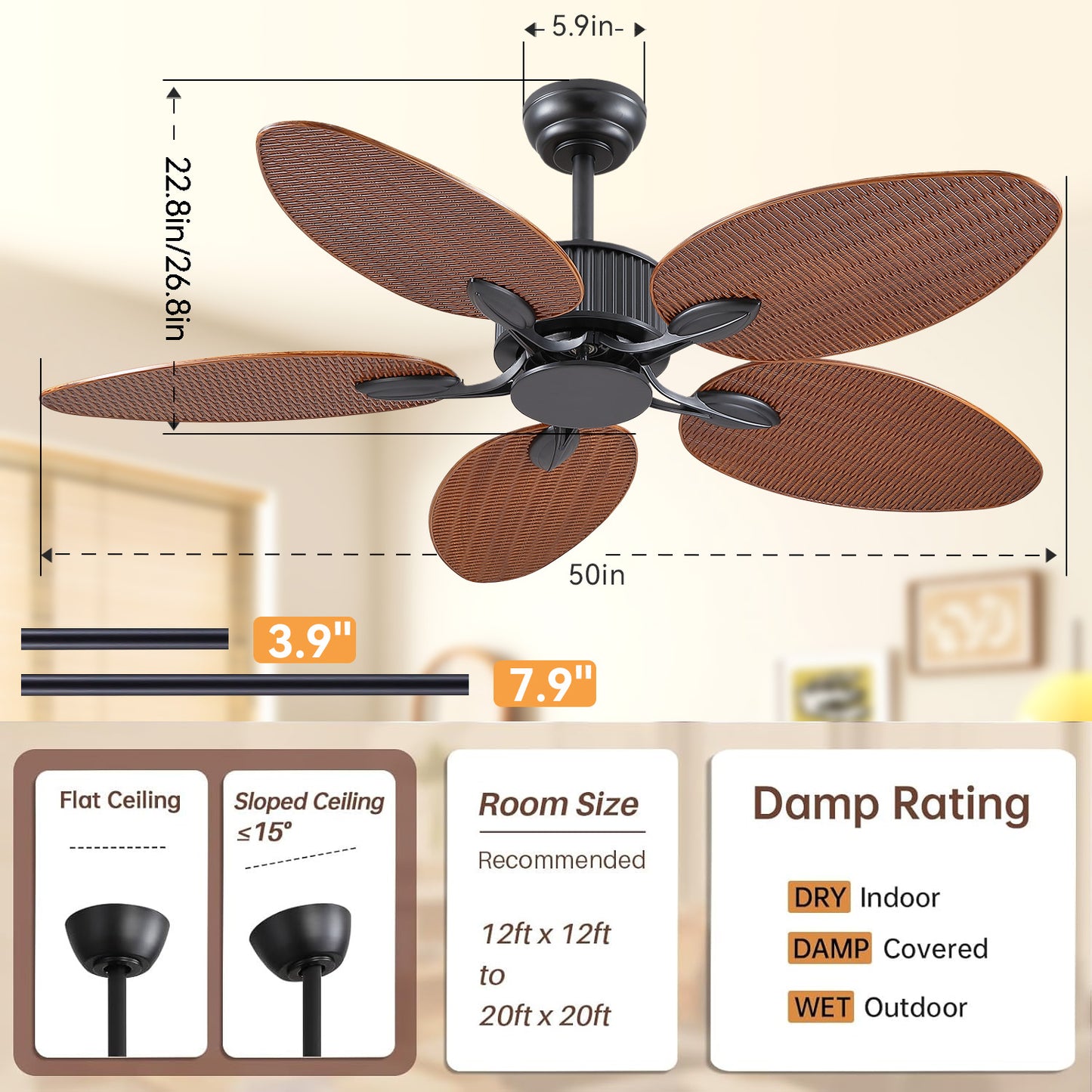 50 Inches Brown Ceiling Fan without Light