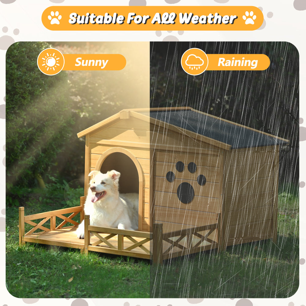 Bellura Pet 48" Wooden Dog House Outdoor with Porch, Dog Kennel with Water-Resistant Asphalt Roof and Fencing,Indoor & Outdoor Dog Crate with Paw Print, Medium, Nature
